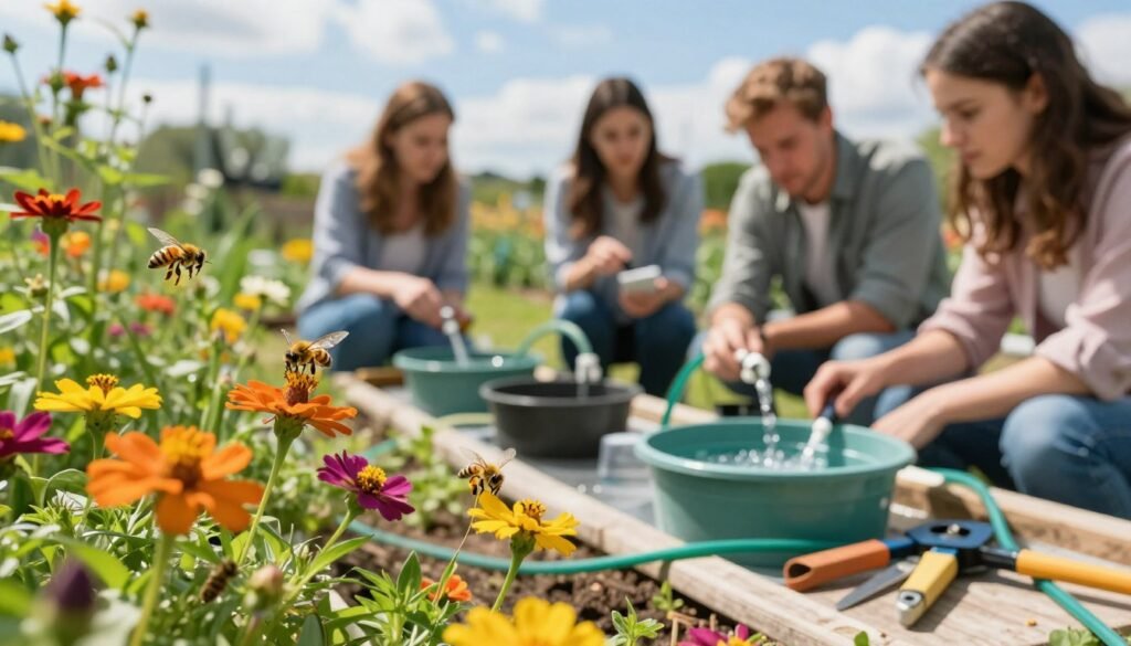 A vibrant scene depicting an outdoor pollination yard setup, with a focus on troubleshooting common issues. In the foreground, a diverse group of pollinators—bees, butterflies, and hoverflies—are actively engaging with colorful flowering plants. The middle ground features a well-organized water setup with buckets and drip hoses, highlighting adjustments and repair tools scattered nearby. In the background, a bright blue sky with soft, diffused sunlight creates an inviting atmosphere. The lens captures a slight depth of field, drawing attention to the pollinators while providing context of the setup’s surroundings. The overall mood is one of problem-solving in a tranquil, thriving environment, evoking a sense of hope and determination in maintaining a healthy pollination yard.