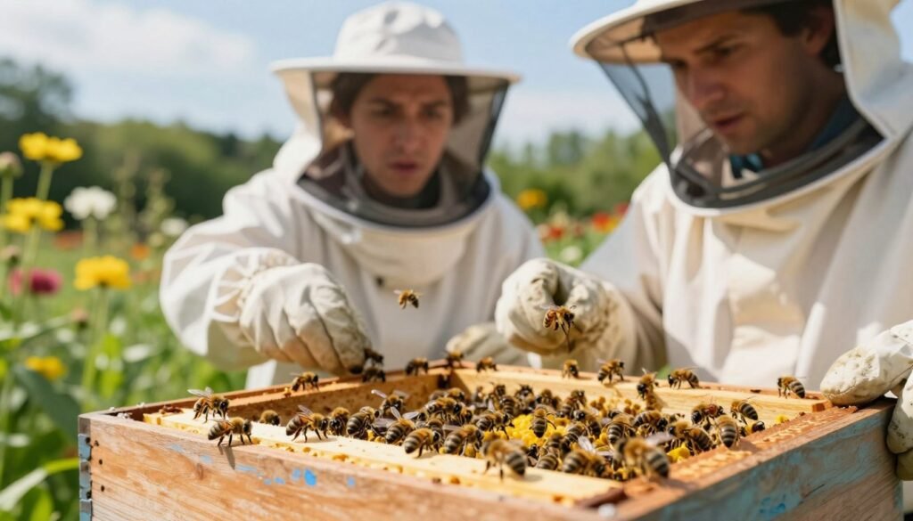 A vibrant scene depicting common challenges faced by new beekeepers. In the foreground, a close-up of a wooden hive, partially opened, with bees buzzing around it; some bees appear confused, while others are gathering nectar. In the middle ground, a concerned beekeeper in a protective suit is inspecting the hive, looking intently at the bees. The background features a lush garden with blooming flowers and a bright blue sky, suggesting a warm, sunny day. Soft, diffused natural light illuminates the scene, capturing the details of the bees and the hive. The overall mood is one of curiosity and concern, showcasing the learning curve of beekeeping. A vibrant scene depicting common challenges faced by new beekeepers. In the foreground, a close-up of a wooden hive, partially opened, with bees buzzing around it; some bees appear confused, while others are gathering nectar. In the middle ground, a concerned beekeeper in a protective suit is inspecting the hive, looking intently at the bees. The background features a lush garden with blooming flowers and a bright blue sky, suggesting a warm, sunny day. Soft, diffused natural light illuminates the scene, capturing the details of the bees and the hive. The overall mood is one of curiosity and concern, showcasing the learning curve of beekeeping.