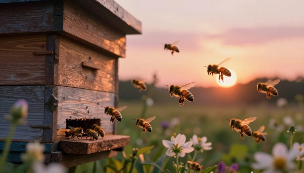 A vibrant scene depicting forager bees in flight around their hive during sunset, showcasing intricate details of the bees' fuzzy bodies and delicate wings as they navigate the warm golden light. In the foreground, several bees are clearly visible, hovering near the entrance of a bustling beehive nestled in a lush garden. The middle ground features blooming flowers and green foliage, illuminated with soft, warm hues of orange and pink from the setting sun. The background reveals a hazy sky blending with the silhouettes of distant trees, casting a peaceful atmosphere. The lighting creates a serene and magical mood, ideal for illustrating the behavior of these essential pollinators. The shot is taken at a slight upward angle to emphasize the hive's importance as a bustling center of activity.