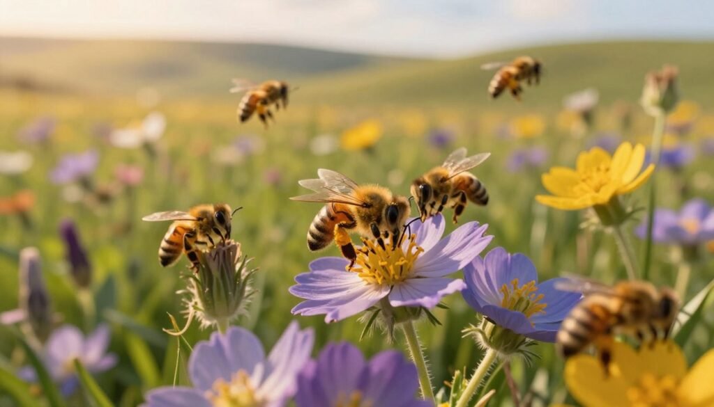 A vibrant scene depicting peak nectar flow in a flowering meadow during golden hour. In the foreground, a close-up view of various flowers in full bloom, with bright colors and intricate details, attracting swarming bees, showcasing their busy activity. In the middle ground, several bees are observed collecting nectar, their fuzzy bodies dusted with pollen, capturing the essence of teamwork and abundance. In the background, rolling hills dotted with wildflowers under a soft, warm light, creating a serene and harmonious backdrop. The atmosphere is lively yet calm, evoking a sense of productivity and natural beauty. The lighting is warm, with soft shadows, capturing the essence of peak season. The image is framed with a slight depth of field to emphasize the foreground while maintaining a connection to the overall landscape. A vibrant scene depicting peak nectar flow in a flowering meadow during golden hour. In the foreground, a close-up view of various flowers in full bloom, with bright colors and intricate details, attracting swarming bees, showcasing their busy activity. In the middle ground, several bees are observed collecting nectar, their fuzzy bodies dusted with pollen, capturing the essence of teamwork and abundance. In the background, rolling hills dotted with wildflowers under a soft, warm light, creating a serene and harmonious backdrop. The atmosphere is lively yet calm, evoking a sense of productivity and natural beauty. The lighting is warm, with soft shadows, capturing the essence of peak season. The image is framed with a slight depth of field to emphasize the foreground while maintaining a connection to the overall landscape.
