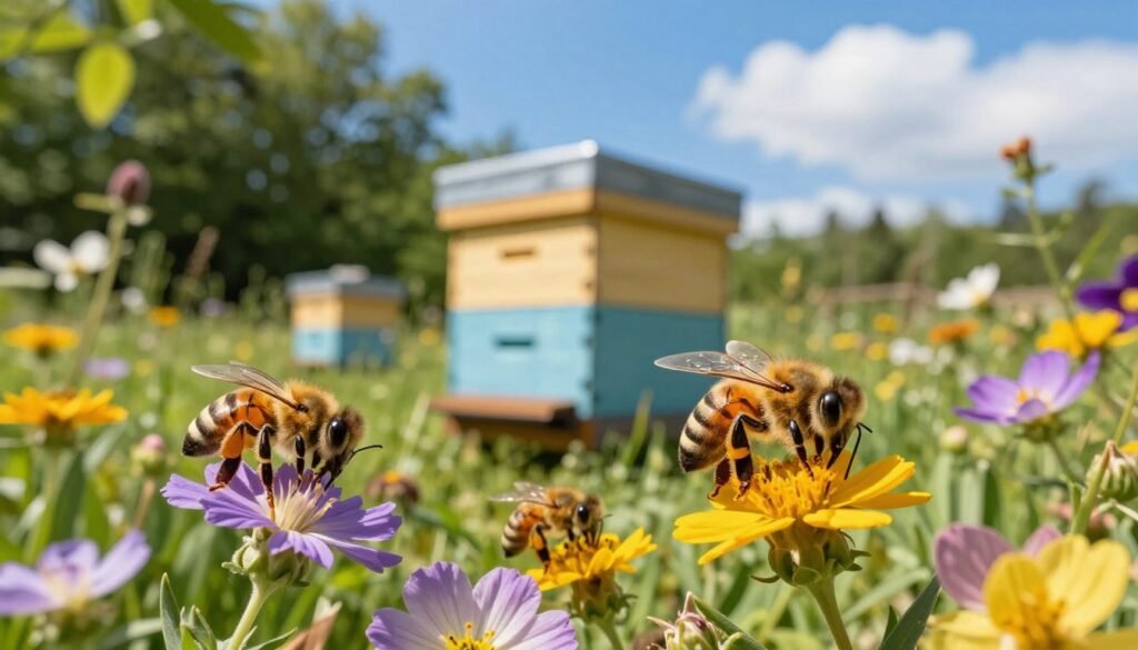 A vibrant scene depicting seasonal timing and management of bees in an apiary. In the foreground, several bees are actively pollinating colorful wildflowers, showcasing their intricate details. The middle ground features a well-maintained hive surrounded by lush green foliage, with seasonal flowers blooming around it, emphasizing the shift in seasons. In the background, a clear blue sky with soft, fluffy clouds conveys a warm, sunny day, vital for bee activities. The lighting is bright and natural, with sunlight filtering through the leaves, casting gentle shadows. The overall mood is lively and optimistic, symbolizing the importance of timing and weather in beekeeping. The perspective is slightly elevated, giving a balanced view of both the bees and their environment, ensuring a harmonious composition that celebrates nature's cycles.