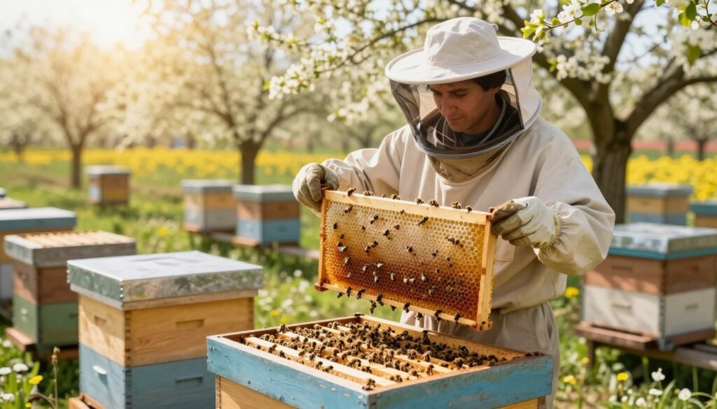A vibrant scene depicting the economic benefits of beekeeping, with a busy apiary in the foreground featuring healthy hives overflowing with bees. In the middle ground, a small beekeeper in professional attire inspects a honeycomb frame filled with golden honey, clearly indicating a plentiful harvest. To the background, lush, blooming flowers provide vital foraging grounds, emphasizing the interconnectedness of agriculture and pollination. Bright, warm sunlight filters through the trees, creating a soft, inviting glow that conveys a sense of prosperity and growth. The atmosphere is optimistic and industrious, reflecting the positive impact of proactive disease management on bee health and honey production, highlighting the economic value of sustainable beekeeping practices.