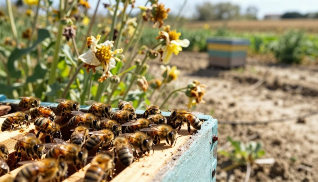 A vibrant scene depicting the impact of nectar dearth on bee activity. In the foreground, a cluster of honey bees crowded around an open hive, with some bees bearding outside, showcasing their agitated behavior. The middle ground features blooming flowers, appearing wilted and sparse, symbolizing the scarcity of nectar. The background fades into a sunny landscape, highlighting a garden struggling against drought conditions, with dry patches of soil visible. Soft, warm sunlight filters through, casting gentle shadows and creating a calm yet tense atmosphere. A macro perspective captures the intricate details of the bees and flowers, emphasizing their struggle for survival in this challenging environment.
