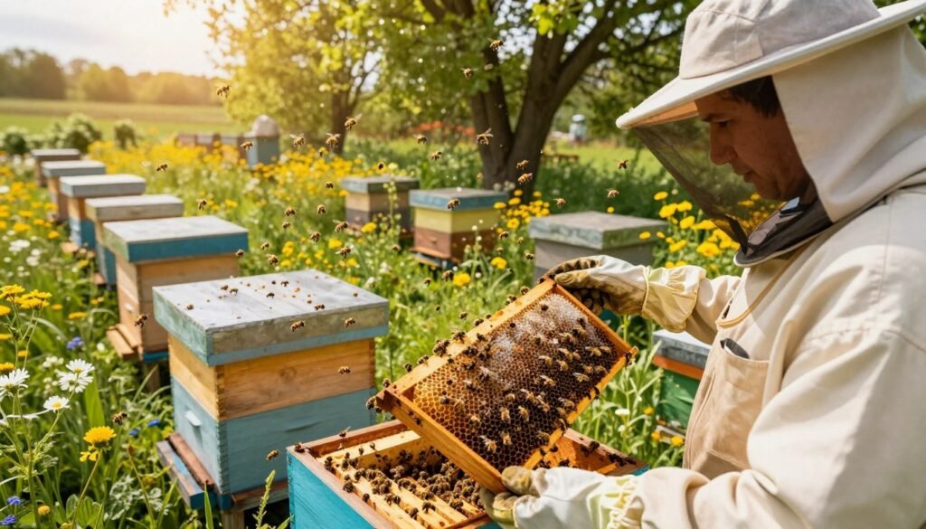A vibrant scene depicting the process of requeening a beehive during a nectar flow. In the foreground, a beekeeper, dressed in professional attire with a veil and gloves, holds a frame of honeycomb, observing the bees actively foraging. The middle ground shows a bustling beehive surrounded by blooming wildflowers, bees flying in and out, collecting nectar. In the background, a sunlit landscape of lush gardens and trees sets a warm, inviting atmosphere. The sunlight filters through the trees, creating a dappled light effect on the scene. Use a wide-angle lens perspective to capture the dynamic interaction between the bees and the beekeeper, evoking a sense of harmony in nature. The mood is vibrant, filled with energy and activity, showcasing the importance of timing in beekeeping practices.
