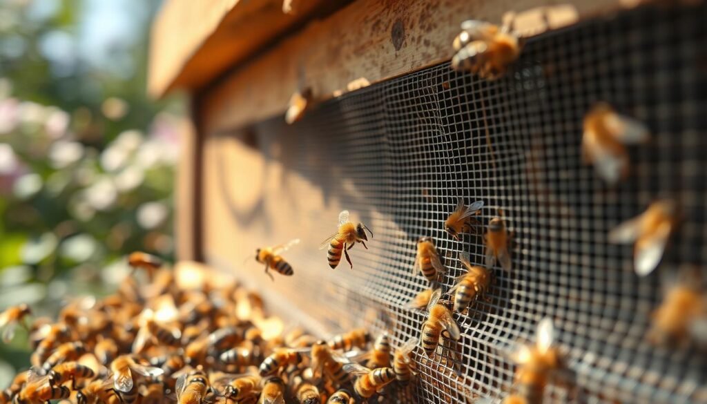 A vibrant scene featuring a close-up of a beehive entrance, surrounded by a mesh screen designed for weak bee colonies. In the foreground, bees buzz energetically, showcasing their intricate details and textures, while a few worker bees are seen navigating through the screen. The middle ground highlights the screen itself, made of fine mesh, allowing for airflow yet providing protection against predators. In the background, softly blurred blossoms and greenery suggest a thriving garden atmosphere. The lighting is warm and natural, simulating a sunny day, with soft shadows creating depth. Capture a sense of tranquility and safety, emphasizing the importance of a robust screen for nurturing struggling bee colonies, rendered in high detail with a macro lens perspective.