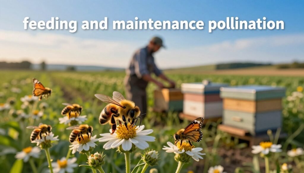 A vibrant scene illustrating "feeding and maintenance pollination" in a lush agricultural setting. In the foreground, a diverse group of pollinators, including bees and butterflies, gather around blooming flowers, their delicate wings catching the sunlight. In the middle ground, a farmer dressed in professional work attire gently tends to beehives, surrounded by green crops, emphasizing the importance of pollination services. The background features a gradient of blue skies and distant hills, enhancing the sense of depth. The lighting is warm and inviting, mimicking the golden hour, creating a tranquil yet productive atmosphere. Use a shallow depth of field to highlight the interactions between the pollinators and flowers, conveying the essential role of feeding and maintenance in agricultural success.