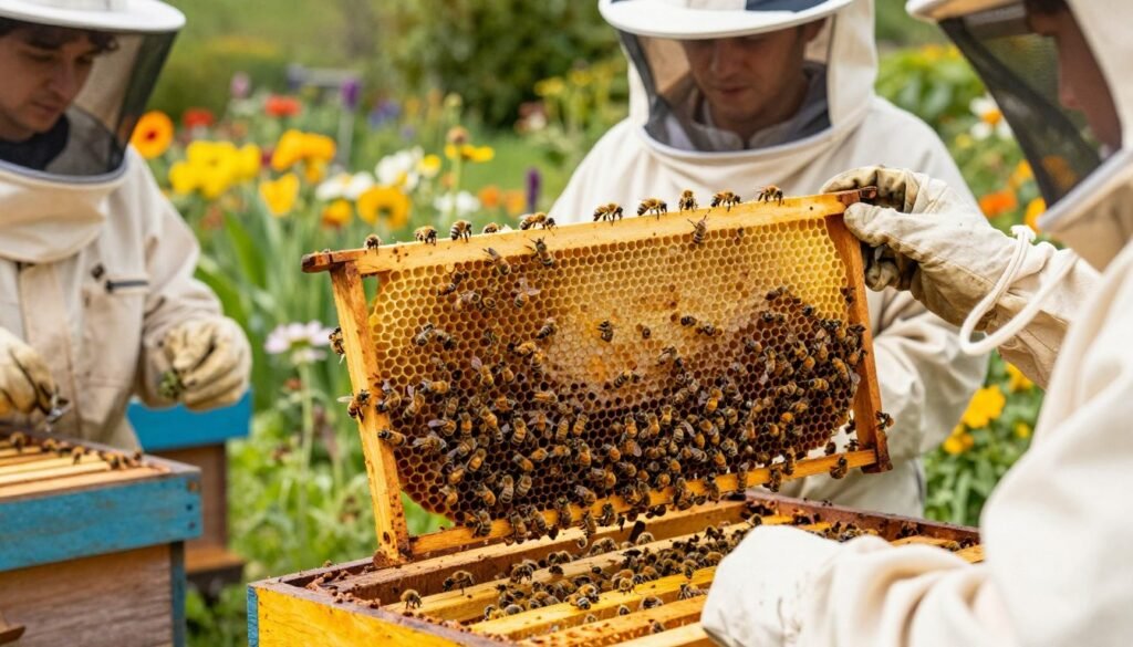 A vibrant scene of a bee colony actively building honeycomb in their hive, filled with golden hues and intricate patterns. In the foreground, beekeepers observe the process, dressed in professional attire suitable for an outdoor environment, with protective veils. The middle ground features the bustling bees delicately working on straight, well-structured comb, showcasing their teamwork and growth in response to seasonal changes. In the background, a lush garden with blooming flowers adds a pop of color, suggesting the abundance of resources available to the colony. The image is bathed in warm, natural daylight, creating a lively and optimistic atmosphere. A slightly angled perspective captures both the hive and the surrounding environment, emphasizing the relationship between bees and seasonal shifts.