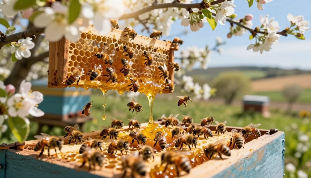 A vibrant scene of a beehive during a honey flow, foreground showcasing busy honey bees diligently working. The bees are energetically collecting nectar from blooming flowers in a lush garden, each bee glistening with honey as sunlight filters through the leaves above, creating a warm golden glow. In the middle ground, the hive is nestled among fragrant blossoms, with honey dripping down the sides and bees entering and exiting the hive in a bustling dance. The background features a serene countryside setting, with soft hills and a clear blue sky, enhancing the lively atmosphere of springtime. The lighting is bright and natural, capturing the essence of a thriving ecosystem. The mood is one of harmony and productivity, emphasizing the importance of coordinating beekeeping treatments during moments of abundant nectar flow.