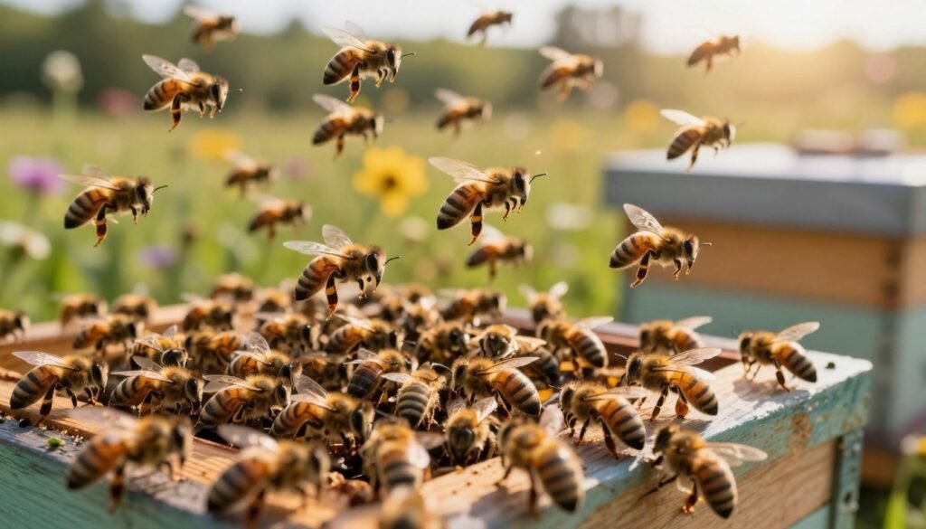 A vibrant scene of a honeybee swarm in an apiary, showcasing hundreds of bees in dynamic flight, creating a mesmerizing cloud of activity. In the foreground, focus on the bees with intricate details of their wings and bodies, capturing the sunlight glinting off their surfaces. In the middle, a wooden beehive is partially visible, busy with bees entering and exiting, symbolizing their ongoing work. In the background, a soft-focus landscape of lush greenery and colorful wildflowers hints at the environment essential for pollination. The lighting is warm, with golden hour sunlight creating a lively and hopeful atmosphere, emphasizing the importance of bees in nature’s ecosystem. The overall mood is industrious yet serene, reflecting the beauty and complexity of bee behavior while managing swarming risks.
