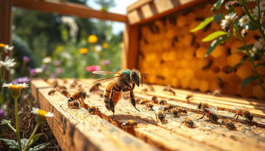 A vibrant scene showcasing a color-coded queen bee in a beehive setting. In the foreground, the queen bee is prominently displayed, elegantly marked in bright colors, representing her importance in the hive. Surrounding her are worker bees, depicted in realistic detail, assisting in their roles, some actively caring for brood. In the middle ground, the sturdy wooden frames of a beehive are visible, filled with honeycomb cells in varying shades of golden honey. The background features a sunlit garden, with wildflowers and soft greenery, creating a serene atmosphere. The lighting is warm and inviting, with sunlight filtering through the leaves, giving a soft glow. Capture this scene from a slightly elevated angle to enhance depth and emphasize the queen’s prominence in the hive.