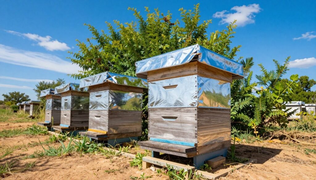 A vibrant scene showcasing an emergency cooling hive specifically designed for hot climates, situated in a sunny, arid landscape. In the foreground, the hive is crafted from reflective materials with adjustable shade panels, creating a cool sanctuary for bees. The middle ground features lush greenery surrounding the hive, contrasting with the dry earth. The background is a clear blue sky with a few wispy clouds. Sunlight casts intricate shadows, highlighting the hive’s structure and the vegetation. The atmosphere feels refreshing and innovative, with a focus on sustainability and protection against heat stress. Use a wide-angle lens to capture the entire scene, emphasizing the hive’s importance in adapting to extreme temperatures.