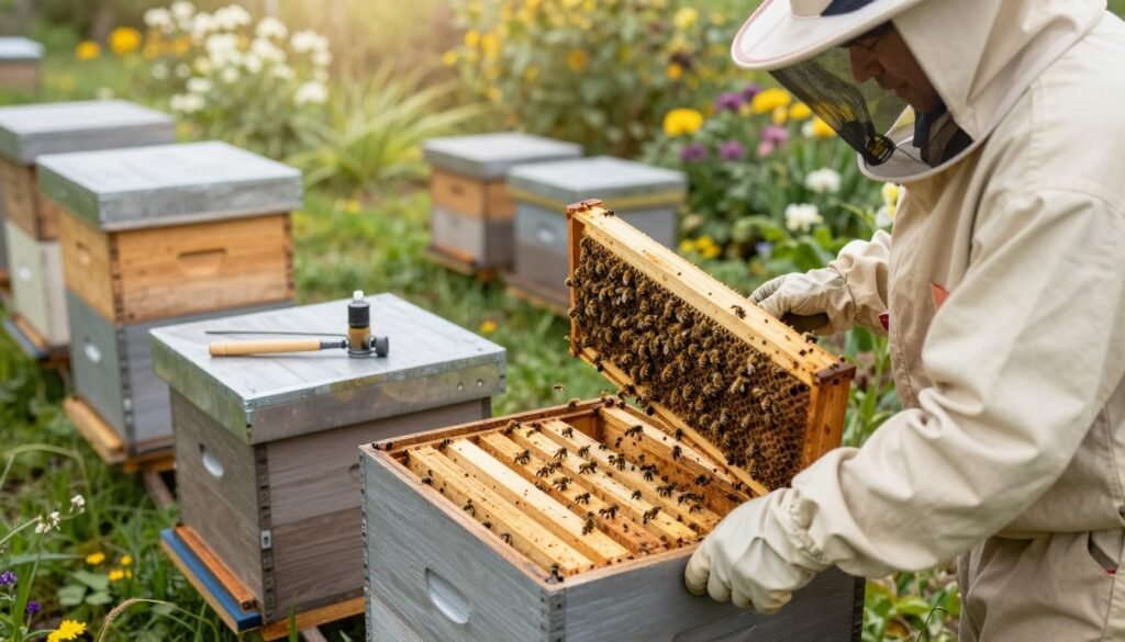A vibrant scene showcasing best practices for loading beehives, depicted in an organized outdoor setting. In the foreground, a beekeeper in professional attire gently handles a wooden beehive, ensuring the frames are loaded correctly. Bees can be seen actively buzzing around, representing healthy pollination processes. In the middle ground, several other hives are strategically placed for easy access, with tools like a smoker and hive tools neatly arranged nearby. The background features a lush garden with blooming flowers, hinting at the importance of pollination. Soft morning light bathes the scene, creating a warm and inviting atmosphere. The angle is slightly elevated, providing a comprehensive view of the hive loading process while ensuring clarity and focus on the activities.