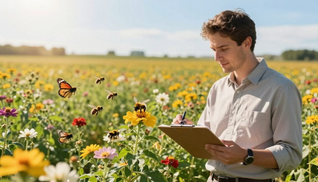 A vibrant scene showcasing the role of pollination brokers in modern agriculture. In the foreground, a professional pollination broker in modest business attire inspects flowering crops while holding a clipboard, showcasing engagement with the plants. In the middle ground, diverse pollinators like bees and butterflies flit around colorful blossoms, emphasizing their vital role in pollination. The background features a sunlit, expansive field of thriving crops under a clear blue sky, symbolizing agricultural prosperity. Soft, warm lighting enhances the image's inviting atmosphere, and a slight depth of field focuses on the broker and pollinators, creating a compelling sense of depth. The overall mood is optimistic and collaborative, reflecting the interconnectedness of agriculture and nature.