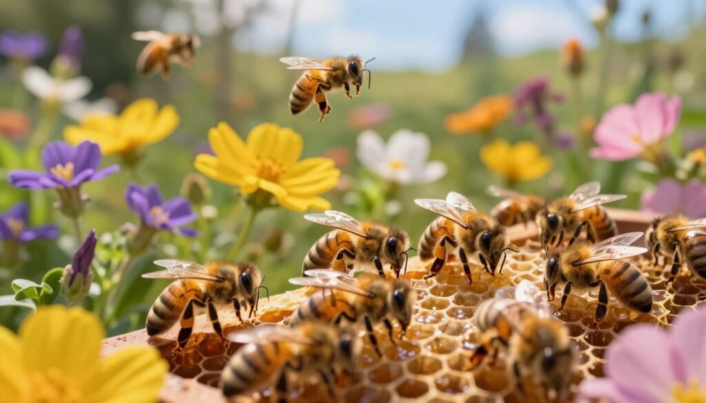 A vibrant scene showcasing young nurse bees diligently working within a lush garden of colorful wildflowers. In the foreground, depict nurse bees, with fuzzy golden bodies and delicate wings, tending to hexagonal honeycomb cells filled with nourishing honey and larvae. In the middle ground, feature a variety of blossoming flowers in shades of yellow, purple, and pink, softly illuminated by warm sunlight. The background includes a serene, slightly blurred garden landscape, with gentle green foliage and hints of blue sky peeking through. Capture the scene using a slightly elevated angle to emphasize the activity and community of the bee colony. The atmosphere should feel warm and bustling, reflecting a sense of harmony and productivity in nature, perfect for illustrating the importance of maintaining healthy bee populations.