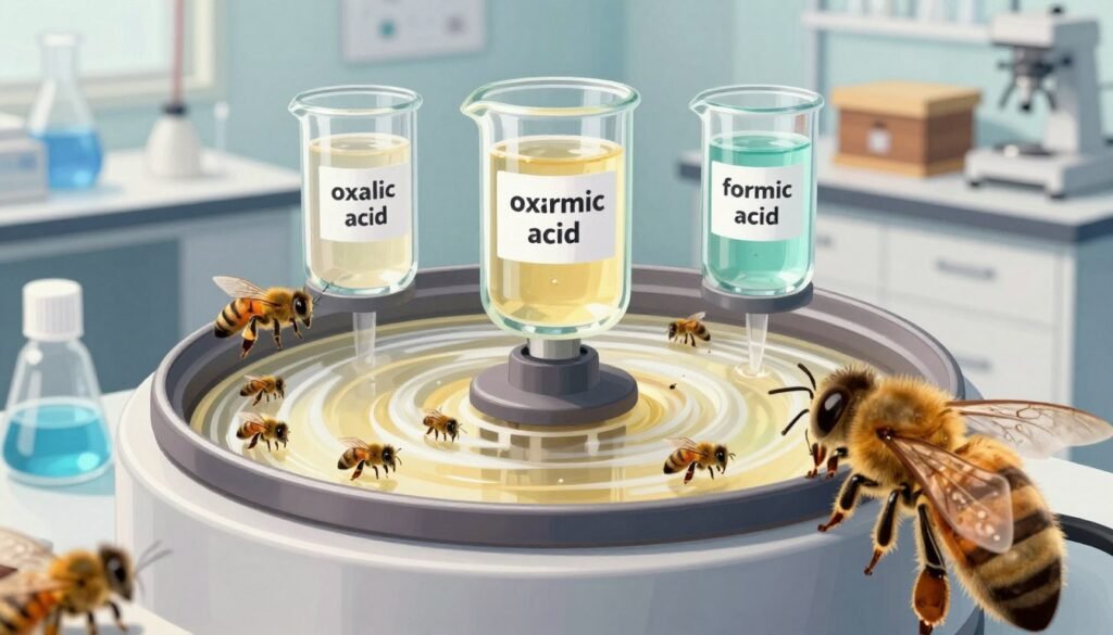 A vibrant, scientific illustration focusing on a rotating treatment chamber for Varroa mite control, showcasing oxalic acid and formic acid in labeled glass containers. In the foreground, depict a close-up of bees interacting with the treatment apparatus, emphasizing their role in the ecosystem. The middle ground features the rotating chamber, with clear liquid treatments visibly mixing, creating a dynamic sense of motion. In the background, an illuminated laboratory setting, filled with beekeeping tools and hive components, creating a clean, sterile environment. Use soft, natural lighting to enhance the clarity and focus on the chemical interactions, while maintaining a professional and informative mood, capturing the innovation in bee treatment chemistry. A vibrant, scientific illustration focusing on a rotating treatment chamber for Varroa mite control, showcasing oxalic acid and formic acid in labeled glass containers. In the foreground, depict a close-up of bees interacting with the treatment apparatus, emphasizing their role in the ecosystem. The middle ground features the rotating chamber, with clear liquid treatments visibly mixing, creating a dynamic sense of motion. In the background, an illuminated laboratory setting, filled with beekeeping tools and hive components, creating a clean, sterile environment. Use soft, natural lighting to enhance the clarity and focus on the chemical interactions, while maintaining a professional and informative mood, capturing the innovation in bee treatment chemistry.
