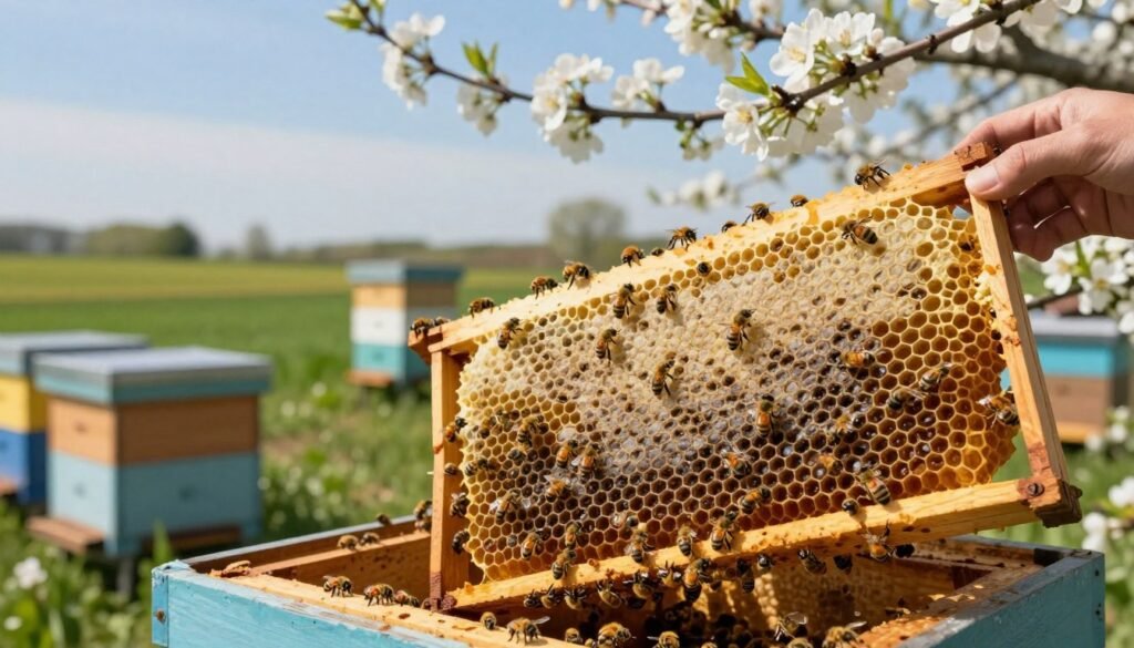 A vibrant spring apiary scene highlighting the importance of drawn comb in bee buildup. In the foreground, a close-up of a beehive with well-established drawn comb, showcasing the intricate hexagonal shapes filled with honey and larvae, busy bees working diligently. In the middle ground, several frames of drawn comb are depicted alongside blossoming flowers, illustrating a rich environment for the bees. The background features a serene landscape with green fields under a clear blue sky, creating a sense of abundance and vitality. Soft, warm sunlight illuminates the scene, enhancing the colors and fostering a lively, hopeful atmosphere. The angle captures both the detail of the comb and the bustling activity of the bees, emphasizing the theme of growth and productivity in the spring season.