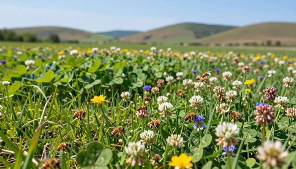 A vibrant spring landscape showcasing a lush meadow filled with diverse wildflowers, set in the foreground. Bees are busily foraging among the blooming flowers, capturing the essence of pollination in action. In the middle ground, a row of healthy green clover and alfalfa plants can be seen, indicating rich forage sources for honey production. The background features gentle hills under a clear blue sky, with soft sunlight illuminating the scene, creating a warm and inviting atmosphere. The composition evokes a sense of harmony between nature and agricultural practices, emphasizing the importance of environmental consideration for successful honey production. Capture the scene with a shallow depth of field to focus on the bees and flowers, while gently blurring the background.