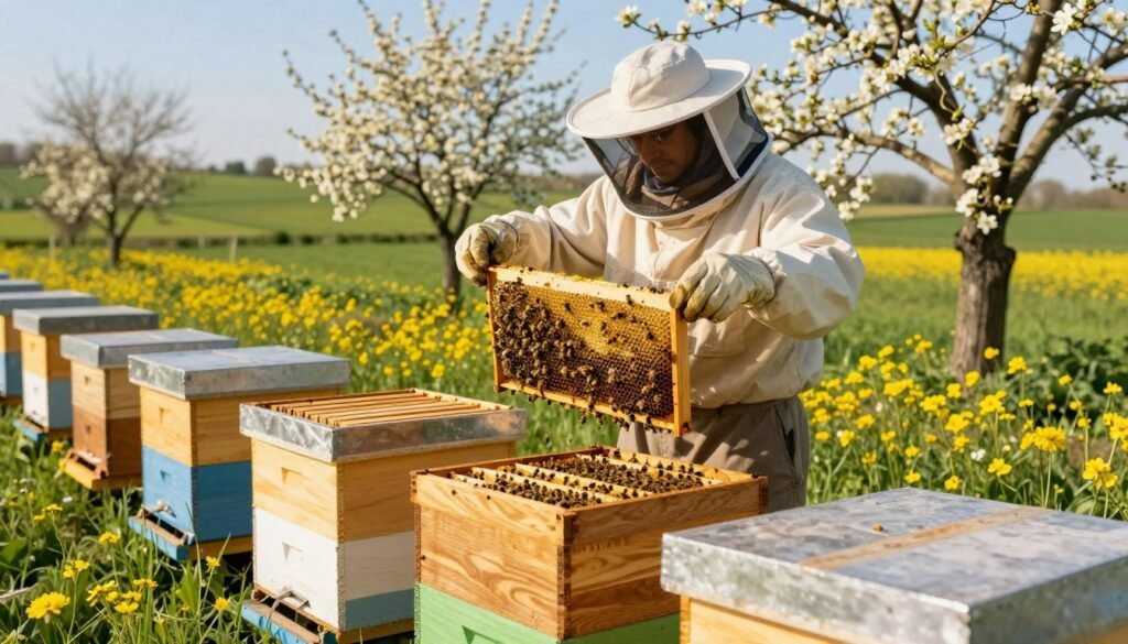 A vibrant spring scene showcasing NUC production for beekeeping. In the foreground, neatly arranged bee colonies with vibrant yellow and black bees busy at work. The middle ground features a beekeeper in professional attire, carefully inspecting frames filled with bees, honey, and fresh brood. Surrounding blooms of wildflowers and blooming fruit trees offer splashes of color that suggest the season. In the background, a soft-focus landscape of rolling green fields under a clear blue sky enhances the atmosphere of new beginnings. Golden sunlight bathes the scene, casting gentle shadows and creating a warm, inviting mood. The overall image conveys a sense of growth, productivity, and the synergy between NUC production and the pollination needs of spring.