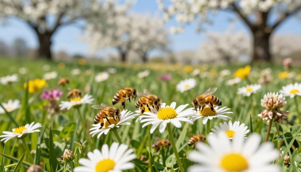 A vibrant spring scene showcasing busy bees buzzing around colorful wildflowers in a sunlit meadow. In the foreground, a cluster of honey bees, with their distinct black and yellow striped bodies, is seen collecting nectar from a variety of blossoms like daisies and clover, their delicate wings glistening in the warm sunlight. The middle ground features lush green grass interspersed with more flowers, while the background reveals a soft-focus of blooming trees under a clear blue sky, creating a serene atmosphere. The lighting is bright and cheerful, evoking the freshness of spring. The composition should be framed with a slightly elevated angle to capture the dynamic movement of the bees, emphasizing their crucial role in pollination during this vital season for honeybee colonies.