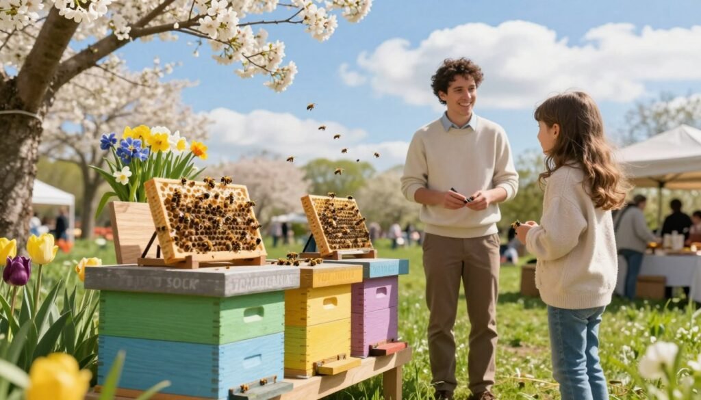 A vibrant spring scene showcasing local nuc sales. In the foreground, a colorful wooden display stand filled with bee nucs, surrounded by blooming flowers and lush green grass. Bees busy at work buzzing around the display, emphasizing the harmony of nature. In the middle ground, a well-dressed vendor smiling and engaging with customers, wearing a light sweater and pants, radiating warmth and friendliness. The background features a bright blue sky with fluffy white clouds and the hint of a community market setting, inviting and lively. Soft sunlight illuminates the scene, casting warm, inviting shadows. The overall mood is cheerful and optimistic, capturing the essence of spring and the excitement of local sales.