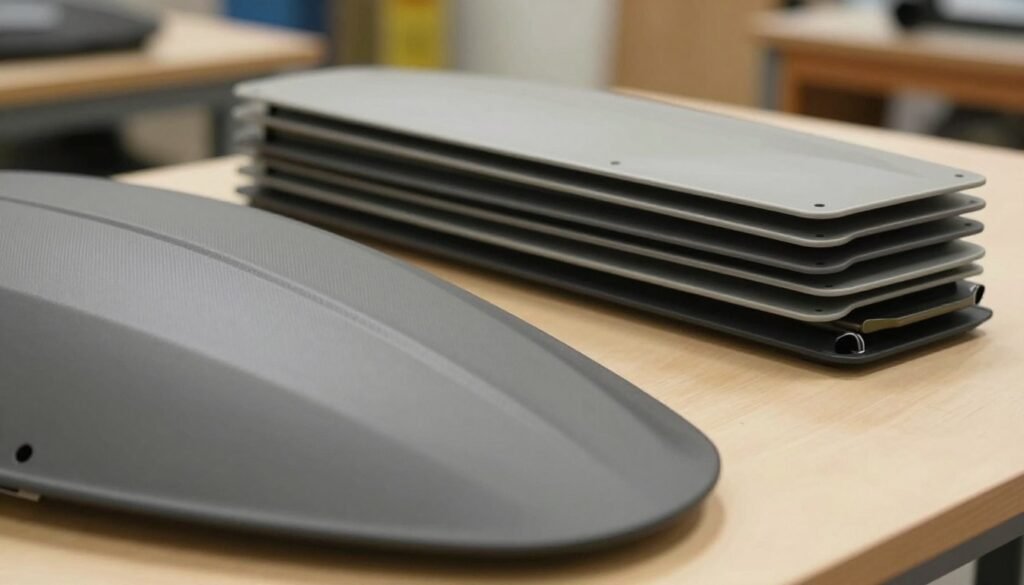 A visually captivating image of a migratory lid and telescoping cover side by side, highlighting their structural differences. In the foreground, a detailed close-up view of the migratory lid reveals its smooth, aerodynamic surface, complemented by a textured finish that showcases durability. In the middle ground, the telescoping cover stands upright, demonstrating its extendable mechanism with visible sections overlapping in a neat, organized manner. In the background, a blurred workshop environment with soft, warm lighting enhances the professional atmosphere. The angle of the shot is slightly tilted downward, providing depth to the composition while focusing on the covers as key subjects. The overall mood is analytical and informative, perfect for examining the debate between these two cover options without any distractions.