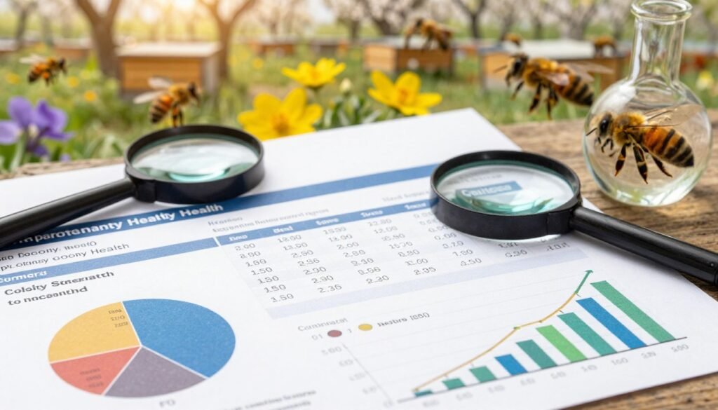 A visually dynamic representation of colony health data in an organized and professional format. In the foreground, a close-up of a detailed, color-coded data chart displaying key metrics such as colony strength, population numbers, and growth rates, with segmented graphs and icons for clarity. In the middle, a neatly arranged table presenting various health indicators, surrounded by scientific tools like a magnifying glass and a bee specimen under glass, emphasizing research. The background features a soft-focus image of a bustling apiary with vibrant flowers and busy bees, captured in warm natural lighting to convey a sense of spring vitality. The atmosphere is one of diligent monitoring, reflecting the importance of data in maintaining healthy bee colonies.