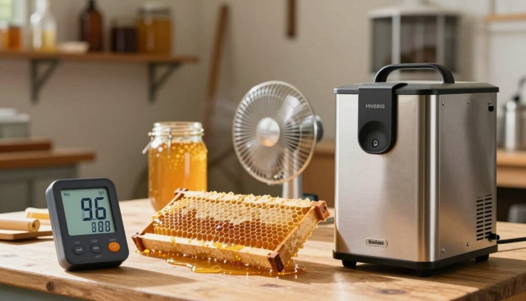 A visually engaging image illustrating various dehumidification methods relevant to honey production. In the foreground, showcase a digital hygrometer displaying high humidity levels, alongside a stainless steel dehumidifier with a sleek design. In the middle, depict a honeycomb frame filled with golden honey, a glass jar catching light, and a small fan circulating air. In the background, create a soft-focus scene of a sunlit workshop, with shelves holding beekeeping tools and equipment. Use warm, inviting lighting to enhance the cozy atmosphere, while maintaining a professional and informative feel. Capture this scene using a shallow depth of field to emphasize the foreground objects, accentuating the importance of moisture management in honey preservation.
