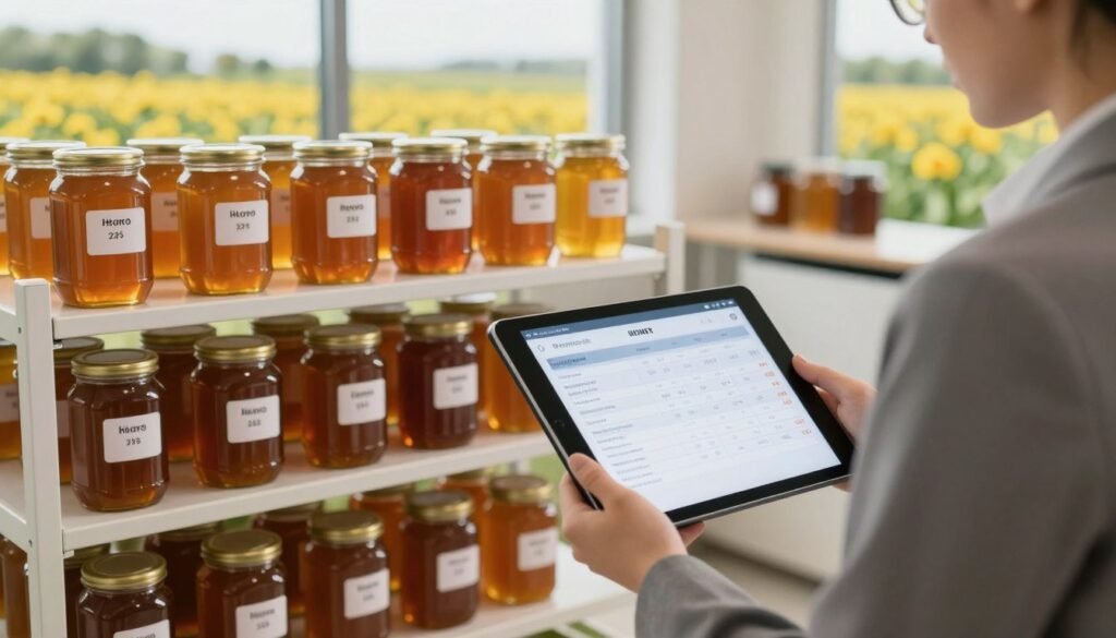 A visually engaging office environment focused on honey production lot tracking. In the foreground, a professional individual in business attire examines a digital tablet displaying a transparent interface with batch identification codes and honey product details. The middle ground features organized shelves filled with jars of honey labeled with lot numbers, reflecting meticulous attention to traceability. In the background, a large window allows natural light to flood the room, highlighting a vibrant view of flowering fields. The atmosphere is professional, yet inviting, embodying a sense of diligence and care in the honey sales process. Use warm, gentle lighting to enhance the feeling of reliability and trustworthiness in the lot tracking system.