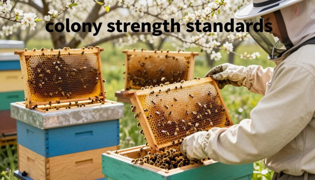 A visually engaging representation of "colony strength standards" for beekeeping, featuring an organized layout of several vibrant honeybee colonies in a natural setting. In the foreground, a professional beekeeper in modest casual clothing examines a healthy hive, with bees actively buzzing around. The middle ground showcases frames filled with honeycomb, highlighting bee activity and colony vitality. The background features blooming flowers, emphasizing the importance of pollination in the ecosystem, bathed in warm daylight with soft shadows for a natural ambiance. Use an upward angle to capture the hive’s height and the busy bees, creating an inspiring, educational atmosphere suitable for professional engagement in beekeeping. A visually engaging representation of "colony strength standards" for beekeeping, featuring an organized layout of several vibrant honeybee colonies in a natural setting. In the foreground, a professional beekeeper in modest casual clothing examines a healthy hive, with bees actively buzzing around. The middle ground showcases frames filled with honeycomb, highlighting bee activity and colony vitality. The background features blooming flowers, emphasizing the importance of pollination in the ecosystem, bathed in warm daylight with soft shadows for a natural ambiance. Use an upward angle to capture the hive’s height and the busy bees, creating an inspiring, educational atmosphere suitable for professional engagement in beekeeping.