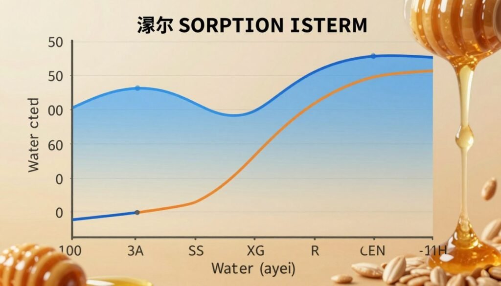 A visually engaging representation of moisture sorption isotherms, illustrating a clear graph with two distinct curves in vibrant colors reflecting moisture content versus water activity. In the foreground, detailed axes with labeled coordinates enhance clarity. The middle ground features a gradient backdrop transitioning from soft earthy tones to transparent blue, symbolizing varying moisture levels. Abstract representations of honey droplets and grains subtly blend into the background, emphasizing the topic of moisture interactions. Soft, diffused lighting evokes a scientific yet inviting atmosphere, with a slightly elevated camera angle, focusing on the graph as the primary subject. The overall mood is analytical and educational, perfect for illustrating the complexities of moisture sorption isotherms. A visually engaging representation of moisture sorption isotherms, illustrating a clear graph with two distinct curves in vibrant colors reflecting moisture content versus water activity. In the foreground, detailed axes with labeled coordinates enhance clarity. The middle ground features a gradient backdrop transitioning from soft earthy tones to transparent blue, symbolizing varying moisture levels. Abstract representations of honey droplets and grains subtly blend into the background, emphasizing the topic of moisture interactions. Soft, diffused lighting evokes a scientific yet inviting atmosphere, with a slightly elevated camera angle, focusing on the graph as the primary subject. The overall mood is analytical and educational, perfect for illustrating the complexities of moisture sorption isotherms.