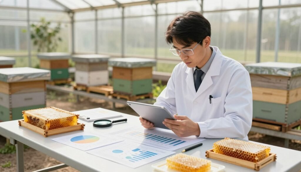 A visually engaging scene depicting a consistently structured assessment methodology for evaluating hive strength. In the foreground, an organized table with various analytical tools such as charts, magnifying glasses, and honeycomb samples. In the middle, a focused researcher in professional attire, examining data on a tablet while deeply engaged in the task. In the background, a well-lit greenhouse filled with beehives, and soft natural sunlight filtering through large windows, casting a warm glow over the scene. The atmosphere is one of professionalism and diligence, with an emphasis on clarity and precision in scientific study. The image should evoke a sense of seriousness and dedication to quality assessment within the agricultural sector. A visually engaging scene depicting a consistently structured assessment methodology for evaluating hive strength. In the foreground, an organized table with various analytical tools such as charts, magnifying glasses, and honeycomb samples. In the middle, a focused researcher in professional attire, examining data on a tablet while deeply engaged in the task. In the background, a well-lit greenhouse filled with beehives, and soft natural sunlight filtering through large windows, casting a warm glow over the scene. The atmosphere is one of professionalism and diligence, with an emphasis on clarity and precision in scientific study. The image should evoke a sense of seriousness and dedication to quality assessment within the agricultural sector.