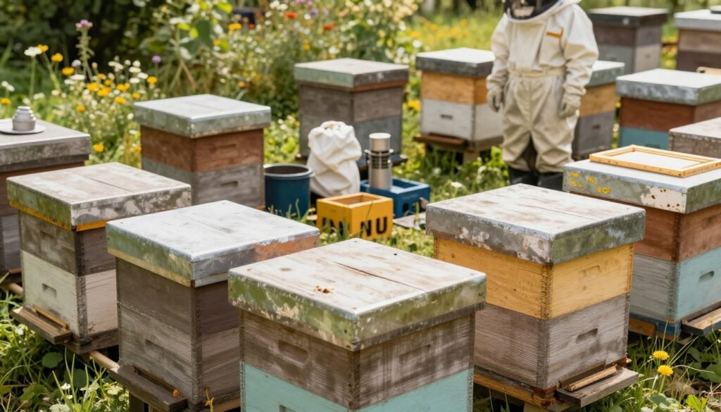 A visually engaging scene showcasing various used beekeeping equipment, prominently featuring well-worn hive boxes in the foreground. The hive boxes should exhibit different textures and colors, hinting at their history. In the middle ground, an assortment of tools like smokers, bee suits, and frames, suggesting a blend of practicality and nostalgia in beekeeping. In the background, a sunny garden setting with wildflowers and beehives artistically arranged, radiating a sense of harmony with nature. Soft, warm lighting enhances the inviting atmosphere. The angle is slightly elevated, providing an overview of the equipment and the serene surroundings. The mood is optimistic, reflecting the motivations behind buying used equipment, emphasizing sustainability and resourcefulness in beekeeping.