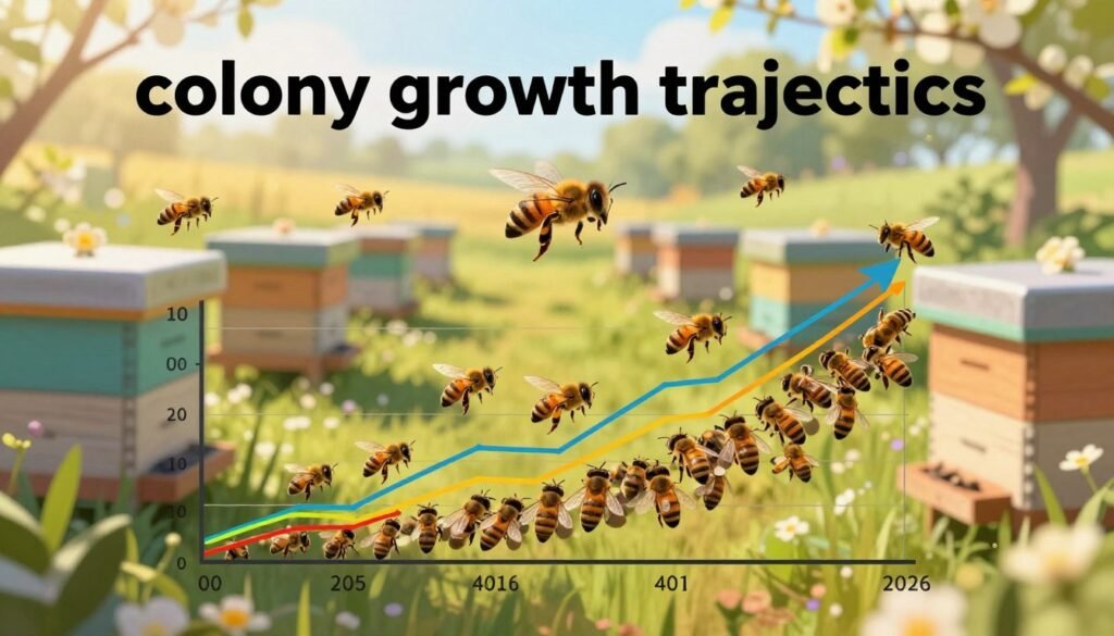 A visually impactful illustration representing "colony growth trajectories" within a beekeeping context. In the foreground, a vibrant, detailed graph with various colored lines charting the growth patterns of bee colonies over time, set against a gently blurred backdrop of a sunny, flourishing apiary with beehives. In the middle layer, bees in gentle motion, some hovering near the hives and others in the process of foraging, reflecting activity and productivity. The background captures the essence of nature, with blooming flowers and lush greenery under soft, warm sunlight, creating a peaceful atmosphere. A wide-angle perspective enhances the depth and encaptures the tranquility of the environment, inviting viewers to interpret the colony growth trajectories effectively. The overall mood should be positive and aspirational, emphasizing the vitality of healthy bee colonies. A visually impactful illustration representing "colony growth trajectories" within a beekeeping context. In the foreground, a vibrant, detailed graph with various colored lines charting the growth patterns of bee colonies over time, set against a gently blurred backdrop of a sunny, flourishing apiary with beehives. In the middle layer, bees in gentle motion, some hovering near the hives and others in the process of foraging, reflecting activity and productivity. The background captures the essence of nature, with blooming flowers and lush greenery under soft, warm sunlight, creating a peaceful atmosphere. A wide-angle perspective enhances the depth and encaptures the tranquility of the environment, inviting viewers to interpret the colony growth trajectories effectively. The overall mood should be positive and aspirational, emphasizing the vitality of healthy bee colonies.