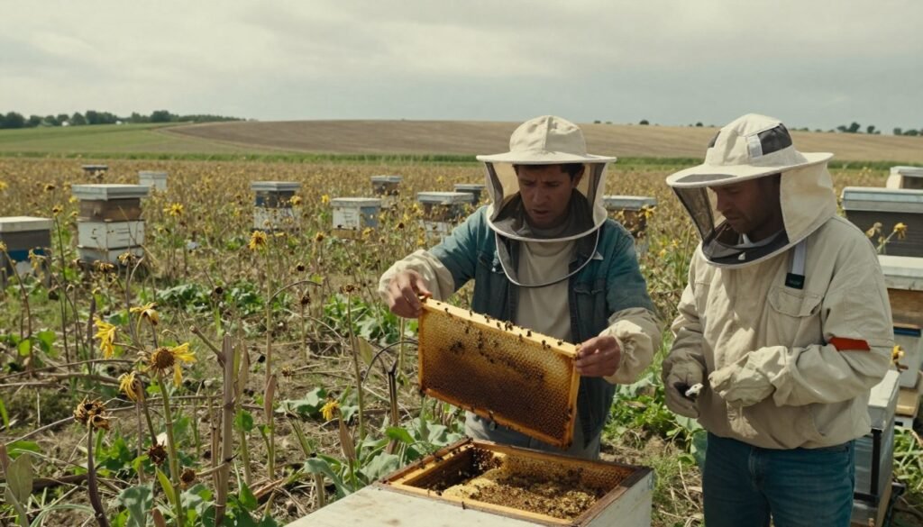 A visually impactful scene depicting honey production loss, with a foreground featuring distressed beekeepers in modest casual clothing, examining empty honeycombs, their expressions conveying concern. In the middle ground, emphasize barren flowering crops wilting under bright sunlight, illustrating the lack of pollination. The background should depict a vast, overcast landscape to enhance the feeling of sadness and loss, with empty fields and scattered hives. Utilize soft, diffused lighting to create a somber atmosphere, with a slight vignette effect to focus on the beekeepers and honeycombs. Capture the scene from a slightly elevated angle to provide a comprehensive view of the desolation and its impact on beekeeping and agriculture. The overall mood should evoke a sense of urgency and reflection on the importance of bee populations.