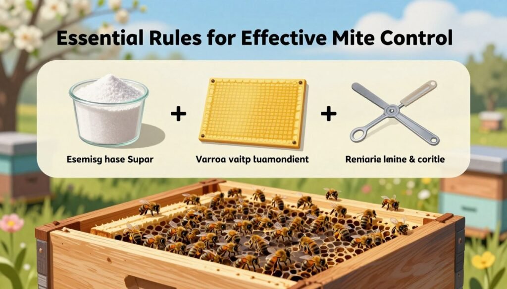 A visually striking and informative illustration for "Essential Rules for Effective Mite Control." In the foreground, depict a detailed wooden beehive showing healthy bees working diligently, highlighting the active hive environment. The middle layer should feature an organized layout of essential mite control tools: a cup of powdered sugar, a sticky board, and a Varroa mite inspection tool, arranged meticulously to convey their importance. The background should illustrate a serene apiary setting, with blooming flowers and a blue sky, creating a calm and productive atmosphere. Use soft natural lighting to enhance the details and bring warmth to the scene. The image should evoke a sense of diligence and care in beekeeping practices, promoting effective mite management without any distractions or text elements.