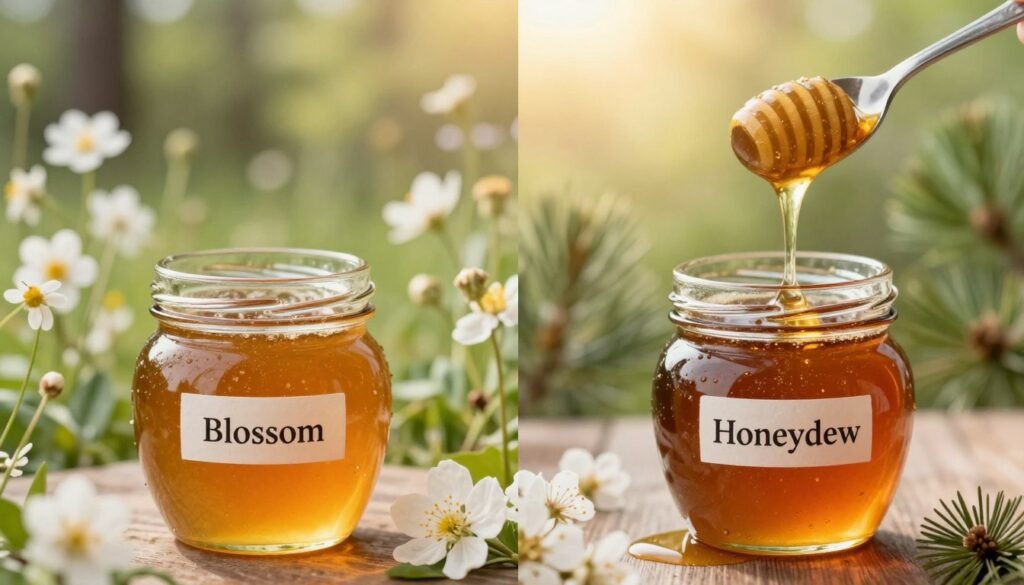 A visually striking comparison between blossom and honeydew honey varieties, illustrated with two distinct sections. In the foreground, display two glass jars of honey, one labeled "Blossom" with a golden amber hue, the other "Honeydew" showing a darker, more viscous texture. Drizzle of honey cascading from a spoon emphasizes the differences in consistency. In the middle ground, include a soft-focus image of wildflowers and forest foliage to represent the floral and pine sources, respectively. The background should feature a gradient of soft sunlight filtering through leaves, creating a warm, inviting atmosphere. Utilize a shallow depth of field to draw attention to the honey jars. Focus on natural color tones with a gentle, earthy mood, aiming for a bright yet calming scene that illustrates the unique characteristics of each honey variety.