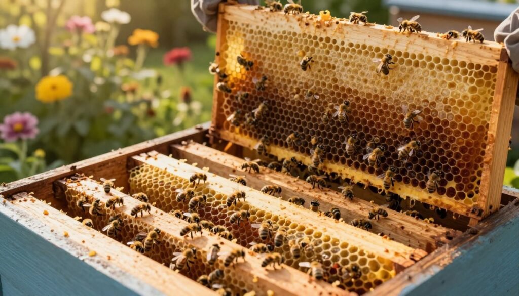 A visually striking composition of a beehive with split frames, showcasing the internal structure and activity of bees. In the foreground, detailed frames filled with honeycomb and swarming bees, some bees actively building new cells. The middle ground features several frames in varying stages of honey production and brood rearing, with vibrant yellow and rich brown colors. The background reveals a lush garden with flowers in bloom, suggesting a healthy foraging environment. The lighting is warm and golden, reminiscent of a late afternoon sun, creating a serene and productive atmosphere. Use a shallow depth of field to focus on the frames in the foreground while softly blurring the background. The scene should evoke a sense of harmony in nature, emphasizing the importance of hive management.