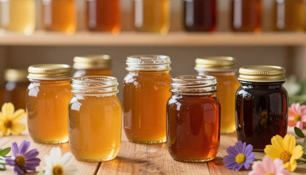 A visually striking composition showcasing various jars of honey in differing shades, illustrating the changes in color due to storage and aging. In the foreground, place several jars of honey, each filled with honey of different colors from light amber to dark brown, with some jars displaying a slight cloudiness to represent age. In the middle ground, a wooden table scattered with colorful flowers that hint at the floral sources of the honey, softly illuminated by warm, diffused golden light to create an inviting atmosphere. In the background, shelves displaying more jars, subtly blurred to convey depth. The focus should capture the beautiful color variations, emphasizing the contrast between the vibrant floral elements and the rich hues of the honey. Use a macro lens effect for detailed texture and clarity.