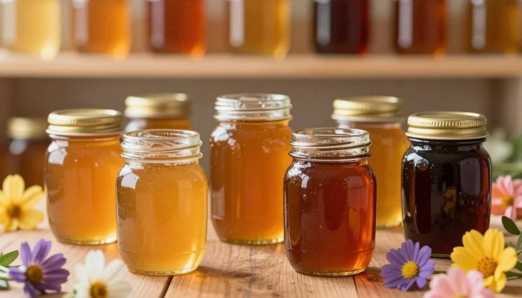 Visually striking composition showcasing various jars of honey in differing shades, illustrating the changes in color due