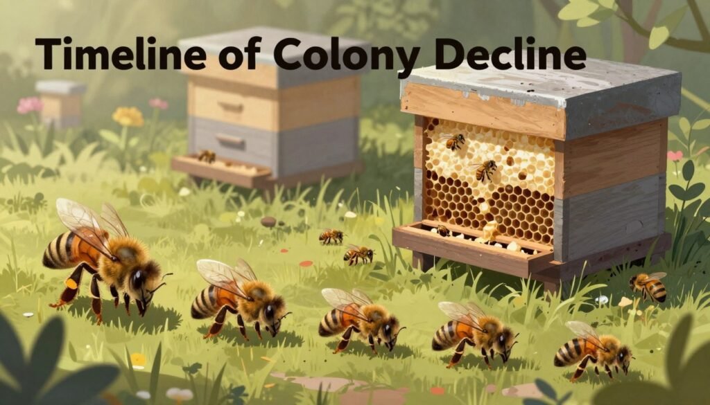 A visually striking illustration depicting the "Timeline of Colony Decline". In the foreground, a series of sequential stages showing the gradual decline of a bee colony, highlighting dying bees, empty honeycomb cells, and the absence of a queen. In the middle ground, a hive with deteriorating beeswax and sparse activity among the remaining bees. The background features a fading garden setting, symbolizing the loss of resources, with muted colors representing decay. Soft, diffused natural light filters through the scene, casting gentle shadows to enhance the somber atmosphere. The angle captures a slightly elevated view, allowing the viewer to witness the contrast between a once-thriving hive and its current state of decline, evoking a sense of melancholy and urgency. The overall mood should be reflective and evocative, illustrating the unsettling nature of a collapsing ecosystem.