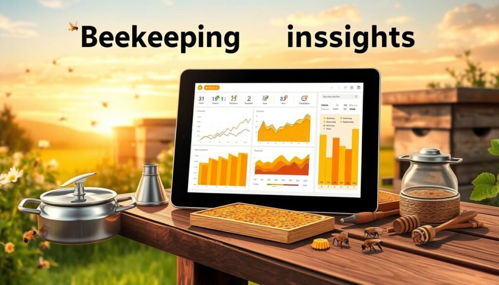 A visually striking illustration of beekeeping data insights, showcasing a modern beekeeping app interface on a tablet displaying graphs and vibrant charts. In the foreground, the tablet is elegantly positioned on a rustic wooden beekeeping table, surrounded by beekeeping tools like a honey extractor, smoker, and frames filled with honeycomb. The middle ground features a serene apiary with beehives, blooming flowers, and bees buzzing around, symbolizing a healthy ecosystem. The background showcases a dreamy sunset sky, casting warm golden light, enhancing the peaceful atmosphere of the beekeeping environment. The overall mood is informative yet inviting, emphasizing the importance of data in efficient beekeeping practices. The composition uses a soft focus for the background, drawing attention to the tablet and tools in crisp detail.