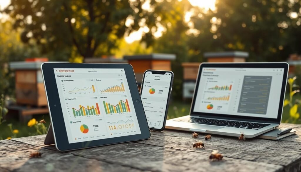 A visually striking image depicting the concept of data accessibility across devices in a beekeeping context. In the foreground, showcase a modern tablet displaying a digital beekeeping record application, with charts and graphs illustrating hive health and honey production. In the middle ground, include a smartphone and a laptop, both open with an identical interface, demonstrating seamless data sync. The background features a serene apiary scene, with beehives nestled in a lush garden under soft afternoon sunlight, creating a warm and inviting atmosphere. The image should convey a sense of security and modernity, with a focus on technology that enhances efficiency. Use soft, natural lighting to highlight the devices, with a slightly angled perspective that draws the viewer into the scene.
