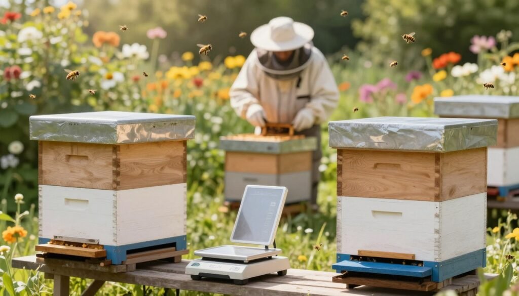 A visually striking image showcasing the concept of box weight management in beekeeping, focused on two contrasting hive configurations: a double-deep hive on one side and a single-brood hive on the other. In the foreground, detailed equipment like boxes and scales are arranged neatly, demonstrating weight management techniques. The middle ground displays a beekeeper in professional clothing, inspecting the hives, emphasizing the human element in managing physical demands. In the background, a sunlit garden in full bloom highlights the importance of pollination, with bees actively flying around. The lighting is soft and warm, creating an inviting atmosphere. Use a shallow depth of field to focus on the beekeeper and the equipment, while gently blurring the background to keep the attention on the core subject. Aim for a harmonious balance of nature and technology.