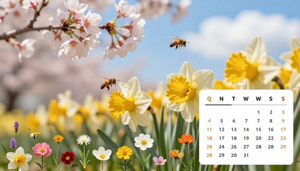 A visually striking infographic depicting the pollen season dates, highlighting the start and end of the pollination period. In the foreground, a detailed calendar illustration with marked dates, complemented by various flower species indicative of spring. In the middle ground, soft-focus images of blooming flowers, such as cherry blossoms and daffodils, surrounded by buzzing bees, symbolizing the pollination process. The background features a bright, blue sky with fluffy white clouds, enhancing the cheerful and vibrant atmosphere of the season. Use natural sunlight with a warm color palette to evoke a sense of renewal and growth, while maintaining a clear and organized layout. The overall mood should inspire a sense of awareness and appreciation for nature's cycles.