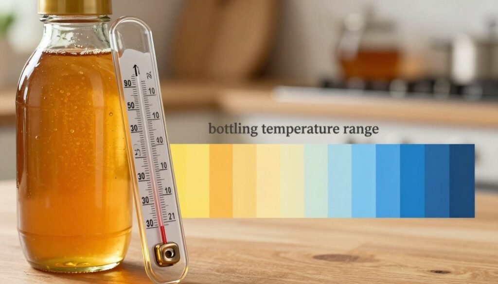 A visually striking representation of the "bottling temperature range" for honey, featuring a close-up view of a glass honey bottle filled with golden, viscous honey. In the foreground, a thermometer is positioned next to the bottle, clearly indicating the ideal temperature range for bottling honey, depicted in warm tones to evoke a cozy atmosphere. The middle ground includes an assortment of temperature gradient stripes, blending from warm yellows and oranges to cool blues, symbolizing the transition from warm to cool temperatures. In the background, a softly lit kitchen setting with wooden countertops and soft focus provides a warm, inviting ambiance. The lighting should be soft and natural, emphasizing the richness of the honey and the clarity of the thermometer, creating an informative yet serene mood that encourages curiosity about honey bottling practices.