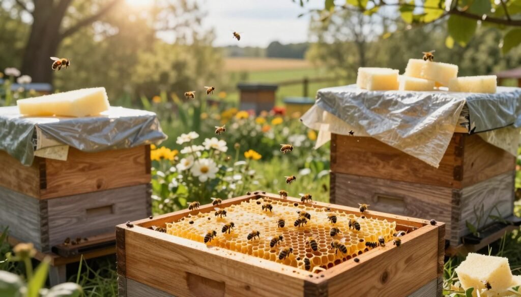 A visually striking scene illustrating "common mistakes hive" in context to bee colonies. In the foreground, show a well-maintained wooden beehive, partially open to reveal vibrant honeycomb inside, with bees actively buzzing around. Surround the beehive with common mistakes illustrated: poorly fitted insulation wraps, scattered foam board insulation pieces, and a drooping tarp, symbolizing neglect. In the middle ground, depict a lush garden with blooming flowers attracting bees, emphasizing a healthy environment. The background should feature a serene landscape with soft, diffused sunlight filtering through trees, creating a warm and inviting atmosphere. Include natural colors with a focus on golden yellows and earthy tones to highlight the theme of care and attention. Use a wide-angle lens to capture the scale and context of the scene.