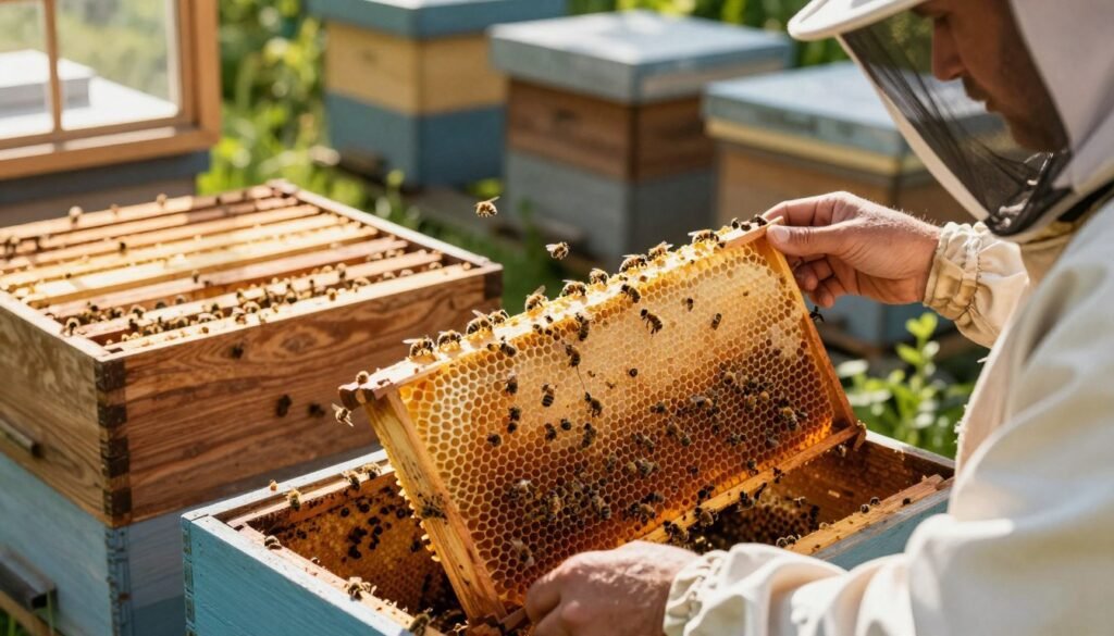 A visually striking scene of an apiary interior showcasing beekeepers consolidating frames within a hive. In the foreground, a beekeeper in professional attire carefully examines honeycomb frames, with focus on the intricate details of hexagonal cells filled with golden honey, bees buzzing around. The middle ground features additional frames stacked neatly, showcasing a harmonious arrangement, while a warm sunlight filters through a nearby window, casting soft shadows and highlighting the bees' activity. The background reveals wooden hives, filled with greenery, creating a serene atmosphere. The overall mood conveys diligence, efficiency, and the collaborative effort of managing hive health. The image should be bright and inviting, with high detail and clarity, emphasizing the beauty of the beekeeping process.