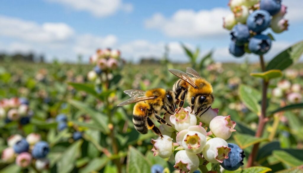 A vivid close-up of bumble bees busy pollinating vibrant blueberry flowers in a sunlit field. In the foreground, bees with fuzzy yellow and black stripes gather nectar from delicate white and pink blossoms, showcasing their intricate wings glistening in the sunlight. The middle ground features lush green blueberry bushes, laden with ripe fruit, while the background reveals a bright blue sky dotted with wispy clouds. Soft, warm lighting highlights the natural beauty of the scene, evoking a sense of harmony and productivity. The composition is captured from a low angle, providing an immersive view that emphasizes the importance of these pollinators in a thriving ecosystem. A vivid close-up of bumble bees busy pollinating vibrant blueberry flowers in a sunlit field. In the foreground, bees with fuzzy yellow and black stripes gather nectar from delicate white and pink blossoms, showcasing their intricate wings glistening in the sunlight. The middle ground features lush green blueberry bushes, laden with ripe fruit, while the background reveals a bright blue sky dotted with wispy clouds. Soft, warm lighting highlights the natural beauty of the scene, evoking a sense of harmony and productivity. The composition is captured from a low angle, providing an immersive view that emphasizes the importance of these pollinators in a thriving ecosystem.
