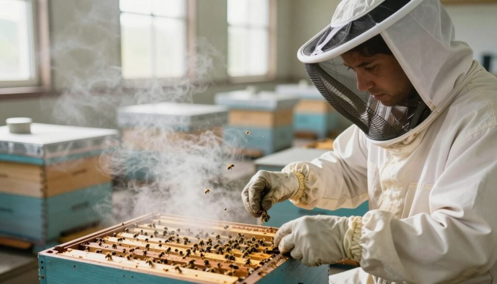 A vivid indoor beekeeping setting during an application of formic acid treatment, focusing on managing ventilation. In the foreground, a beekeeper in a protective suit adjusts ventilation fans, keeping a keen eye on airflow. The middle ground features several beehives with bees calmly buzzing around, surrounded by a mist of formic acid vapor. In the background, soft natural light streams through windows, creating an atmosphere of diligence and care. The camera angle is slightly above eye level, emphasizing the action of adjusting the ventilation. The mood is serious yet focused, highlighting the importance of safety and air circulation in the beekeeping environment. No text or logos are present in the image.