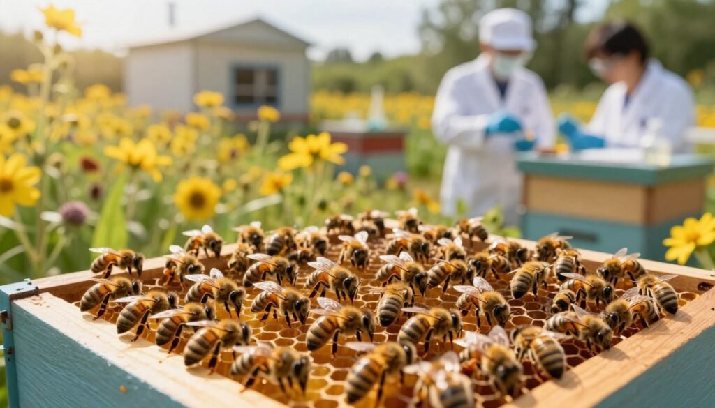 A vivid representation of honey bee colonies showcasing their genetic diversity in a lush, vibrant environment. In the foreground, a close-up view of bees actively working on a well-structured hive, highlighting their intricate patterns and roles. The middle ground features a variety of flowering plants that attract bees, radiating a warm, golden light that emphasizes the richness of the ecosystem. In the background, a soft focus on a research station with scientists in professional attire analyzing bee samples, symbolizing the study of colony genetics and disease resistance. The overall atmosphere should feel harmonious and productive, with the warm sun illuminating the scene, suggesting a sense of hope and resilience in the face of disease.